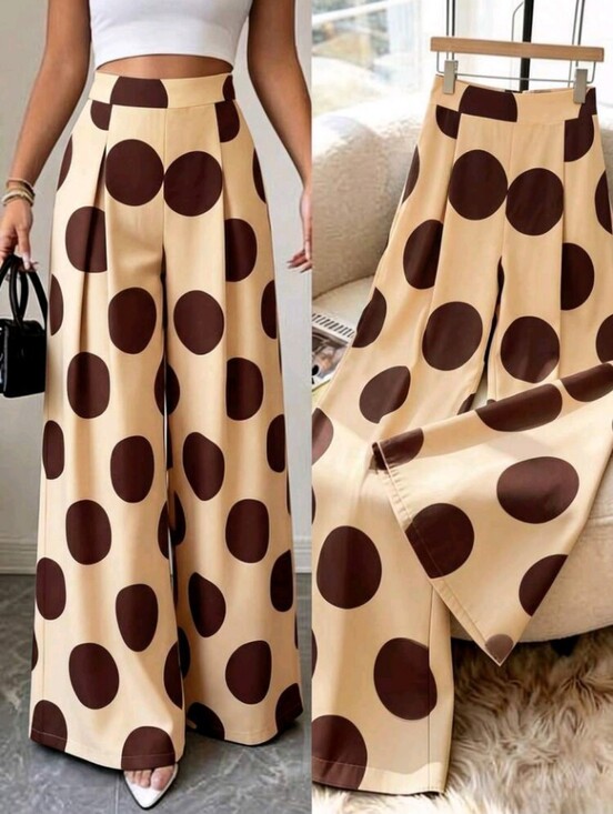 Pants - Women's Elegant High-Waisted Wide-Leg Polka Dot Pants, Suitable For Business